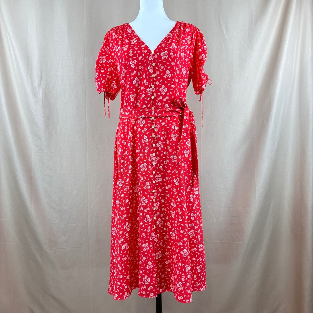 Lauren Ralph Lauren Womens 12 Midi Dress Red Floral Button Front Cottagecore - Picture 2 of 16